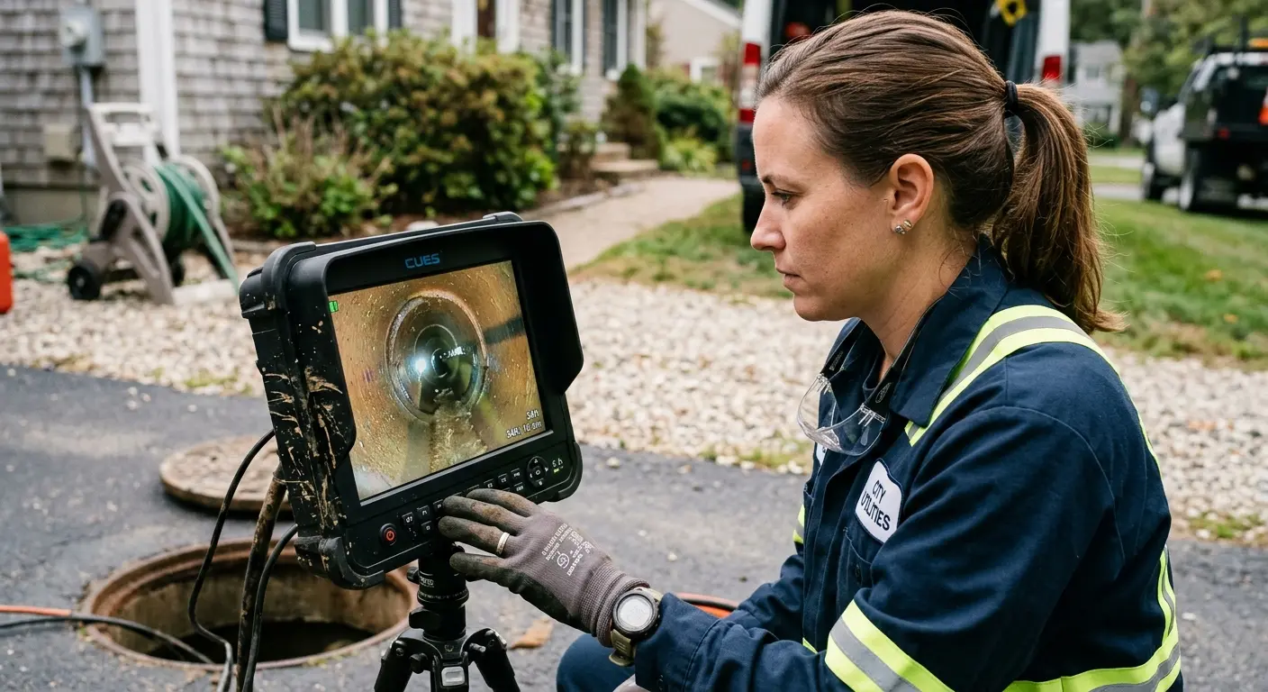 Technician reviewing sewer camera inspection footage in Schaumburg