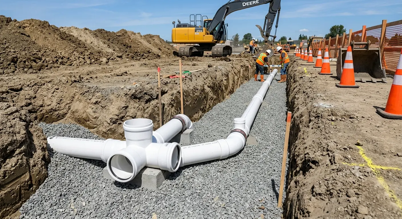 New PVC sewer pipe installation in open trench for Sewer Backup in Schaumburg